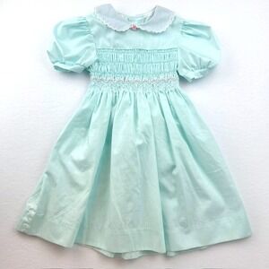 Vintage 1970's Polly Flinders Smocked Dress Mint Green Lace Collar Girls Size 5